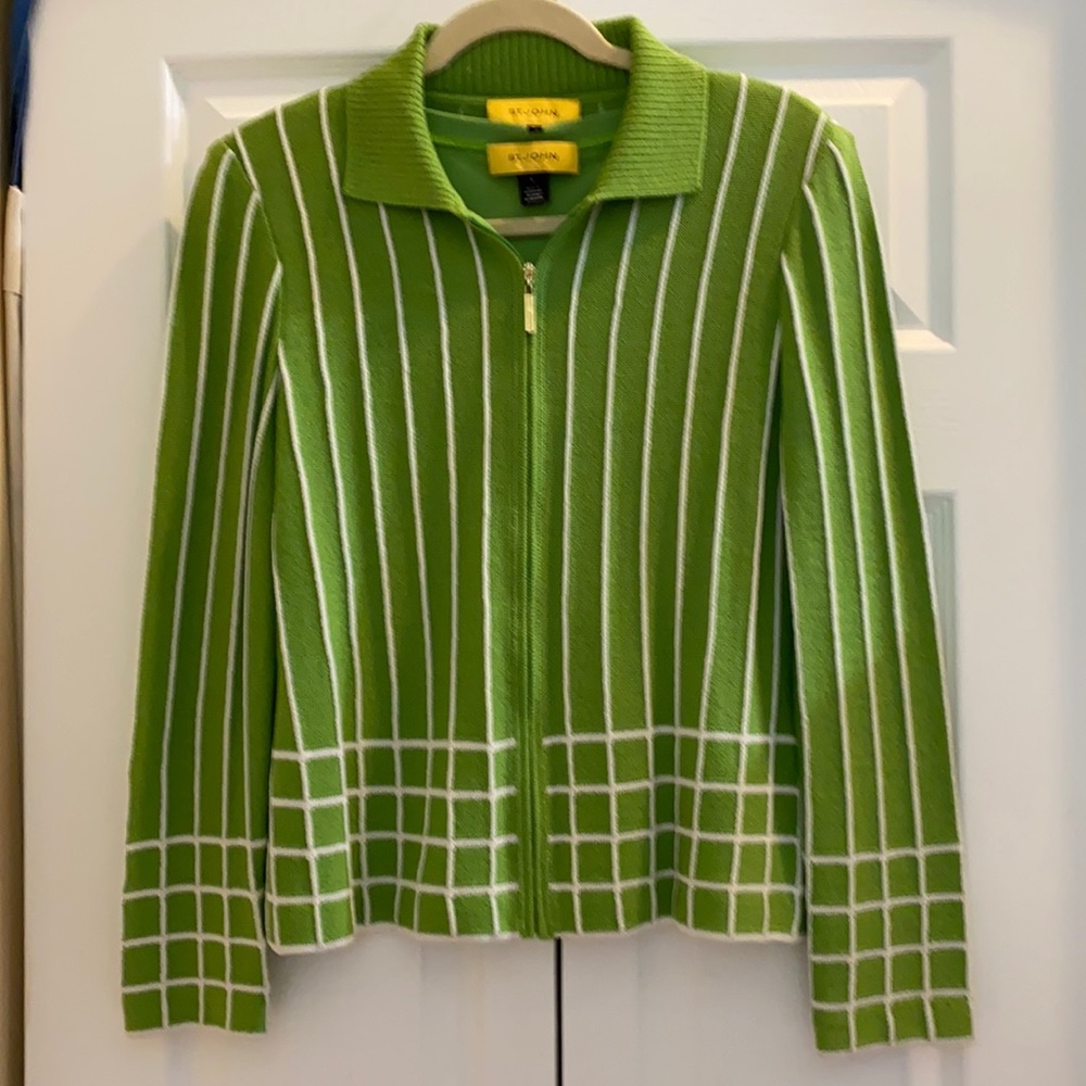 ST. JOHN  Green w/White Stripes Sweater Set